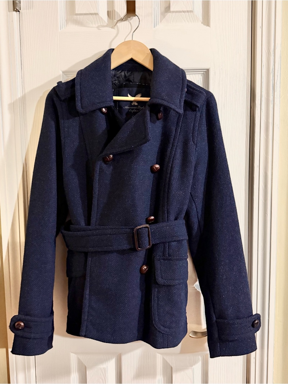 American Eagle Women’s Wool Blend Belted Peacoat Jacket Navy Blue Large